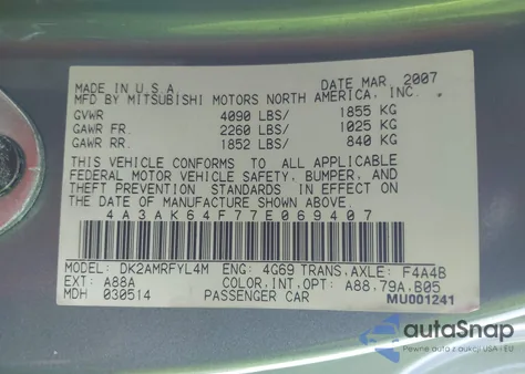 2007 Mitsubishi Eclipse Se from USA, damaged, VIN 4A3AK64F77E069407